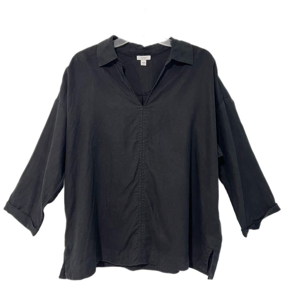 J Jill PureJill Top Women Popover Tunic XL Black Linen Blend Minimalist Coastal